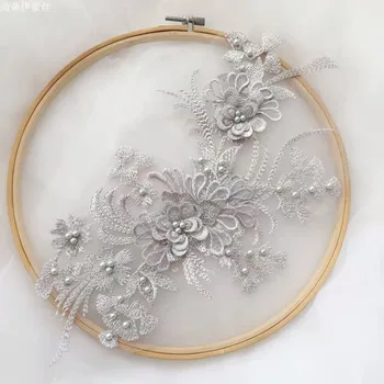 

Wedding Dress Lace Applique Pink Grey Gold Wine Red Black 3D Flowers Nail Bead High End European Lace Fabric Patch Free Shipping