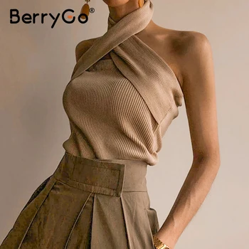 

BerryGo Sexy halter neck women tank tops Elegant knit summer strapless tops female 2020 Spring Sleeveless ladies cami tops shirt