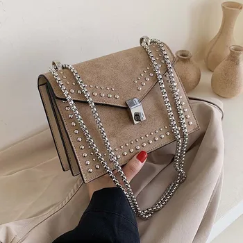 

LUYO Leather Suede Small Shoulder Messenger Bags For Women Chain Rivet Lock Crossbody Bag Luxury Female Travel Mini Handbags
