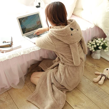 

New Women Cute Long Ears Dog Hooded Bathrobe Autumn Winter Soft Lazy Home Wear Robes Female Ladies Sweet Warm Dressing Gown