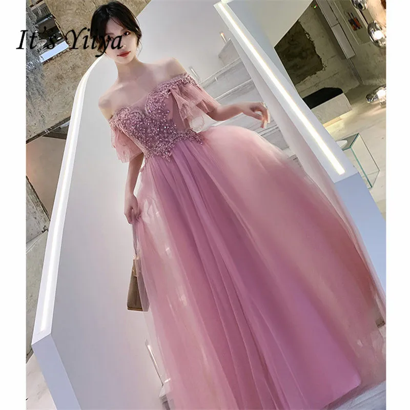 It's Yiya вечерние платья вырез лодочкой Плюс Размер короткий рукав платье с аппликацией De Soiree длина до пола женские вечерние платья E896