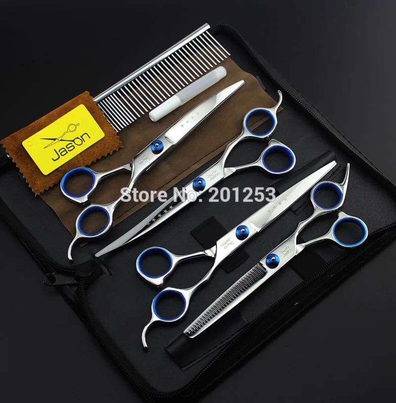 

JuneJour 7" 4Pcs/Set Pet Grooming Scissors Silver Dog Shears Straight &Thinning&Curved Scissors Silver Pet Hairdressing Scissors