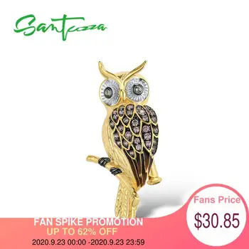 

SANTUZZA Silver Brooch for Women Authentic 925 Sterling Silver Lovely Brown Owl Bird Animal Fashion Jewelry Handmade Enamel