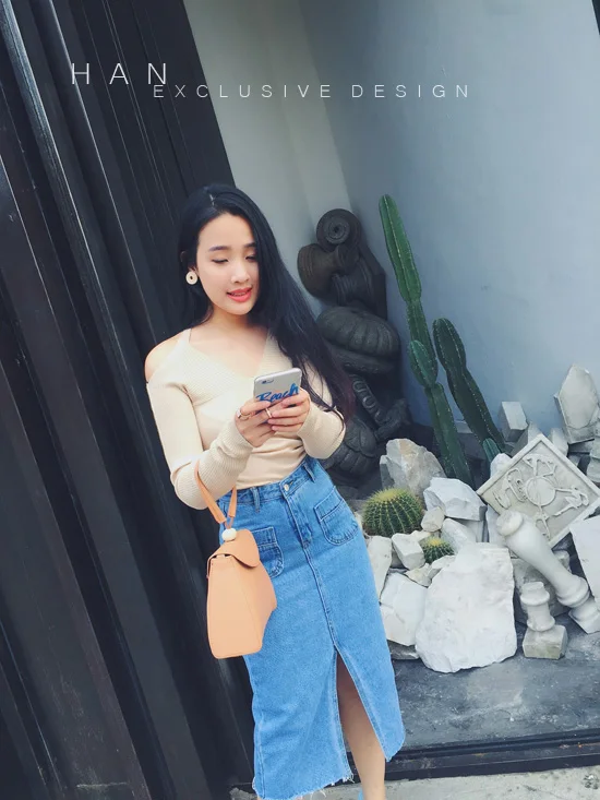 Denim Skirts European Style Jean Streetwear Blue Female Skirts