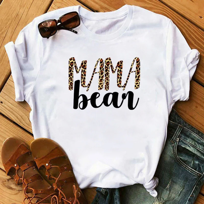 

2020 Women T-shirt Mama Bear Leopard Print Fashion Vintage Casual Tops Female Tshirt Streetwear Ladies Short Clothes