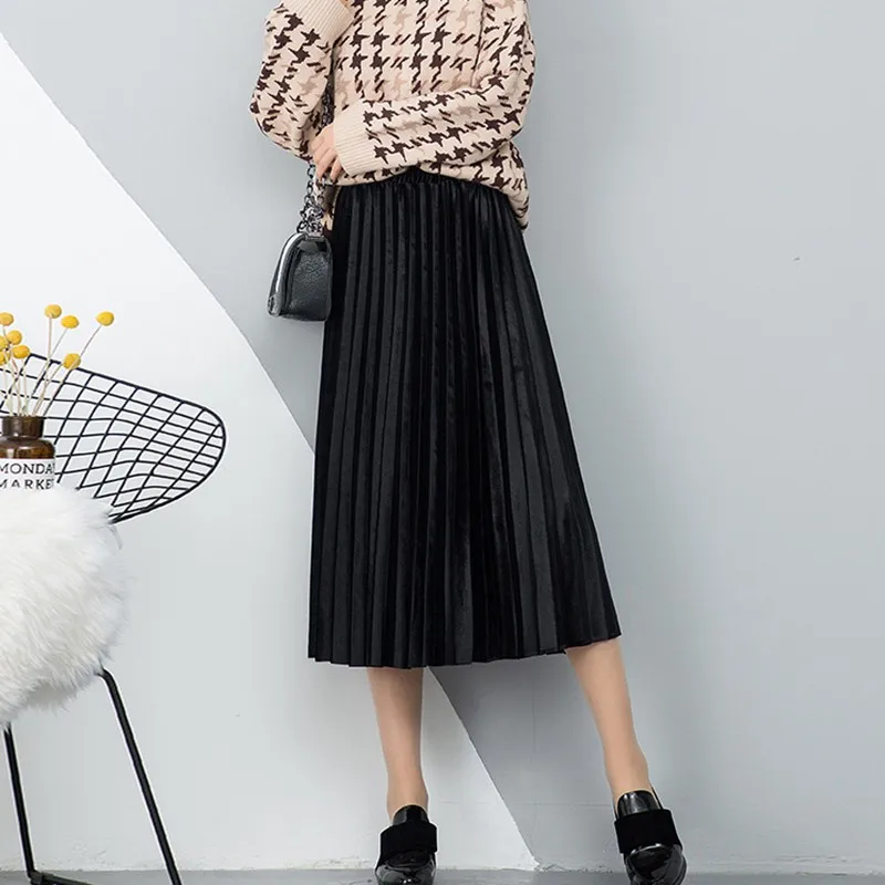 

Women Pleated Skirt Autumn Winter Gold Velvet Solid Color High Waist Skirt Fashion OL Mid-Calf Skirt