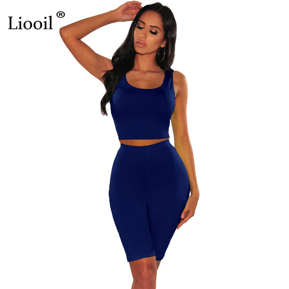 Dark Blue Liooil неоновый зеленый облегающий комплект из 2 предметов, женские обтягивающие наряды, спортивные костюмы, сексуальный топ на бретелях и байкерские шорты, летний комплект для активного отдыха - Цвет: Dark Blue