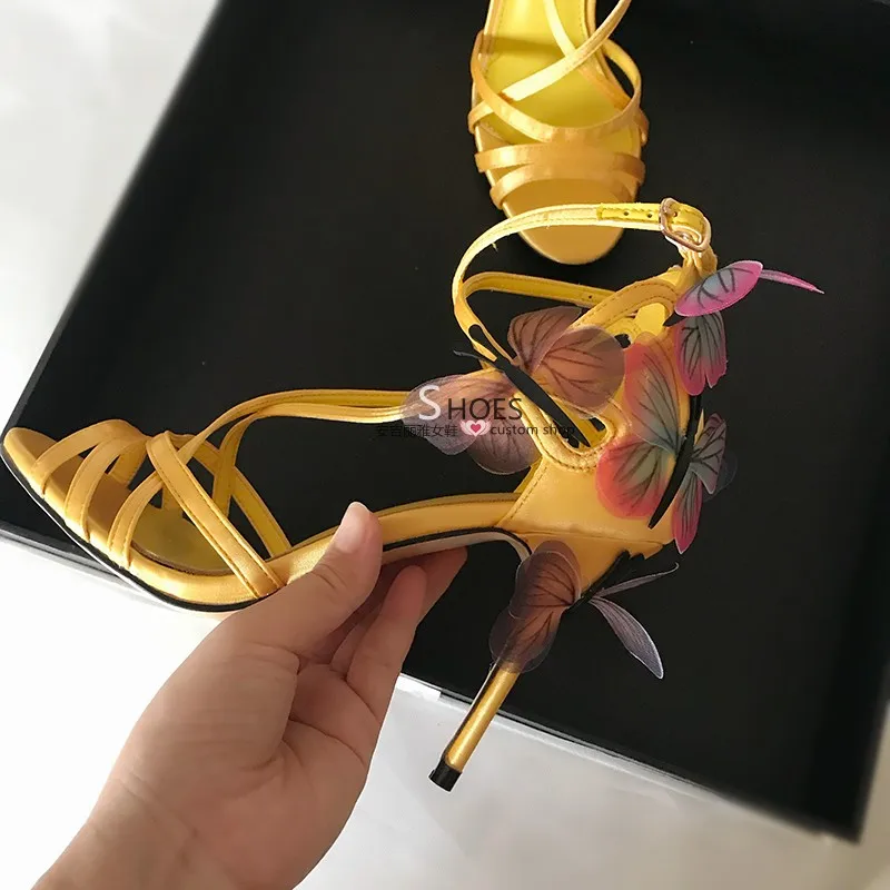 Butterfly Winding Dream Blue Fine-heeled Sandals Ribbon Flowers High-heeled Shoes Large Size Foreign Trade Women's Shoes