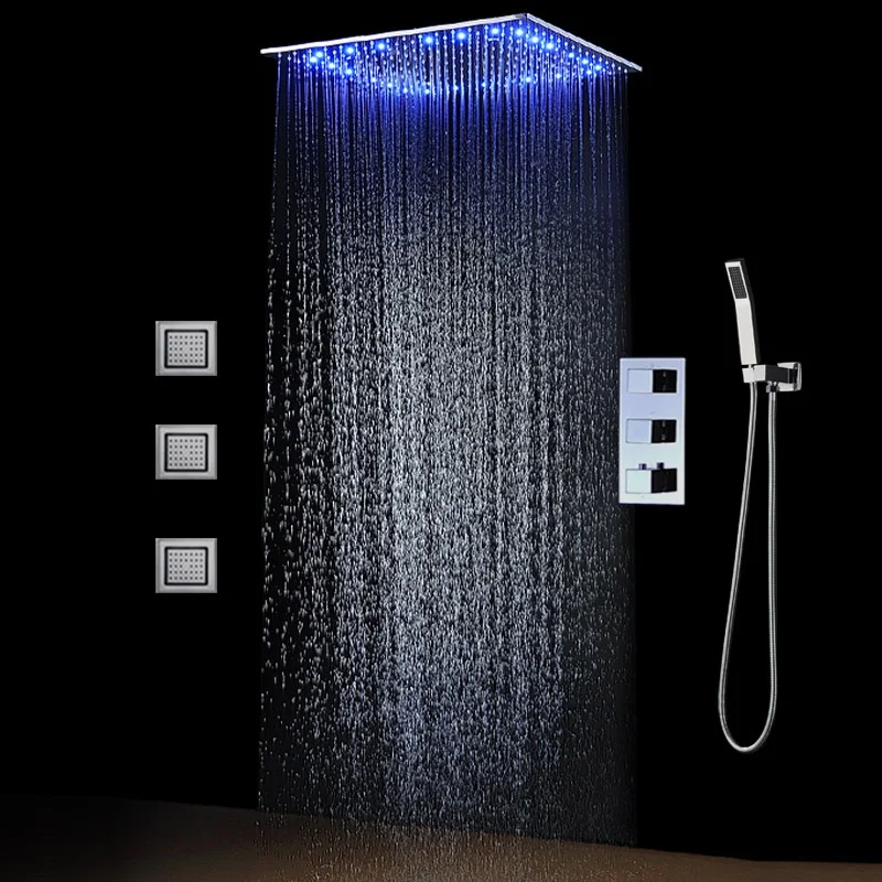 

Massage Body Jets Shower System LED Ceiliing Mounted Rainfall Misty Square Showerhead Thermostatic Diverter Valve
