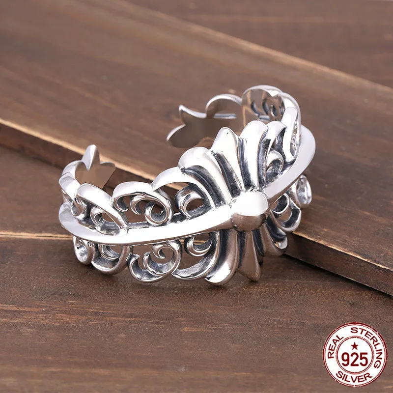 

s925 sterling silver open bracelet personalized fashion jewelry domineering cross flower punk hip-hop style couple style to send