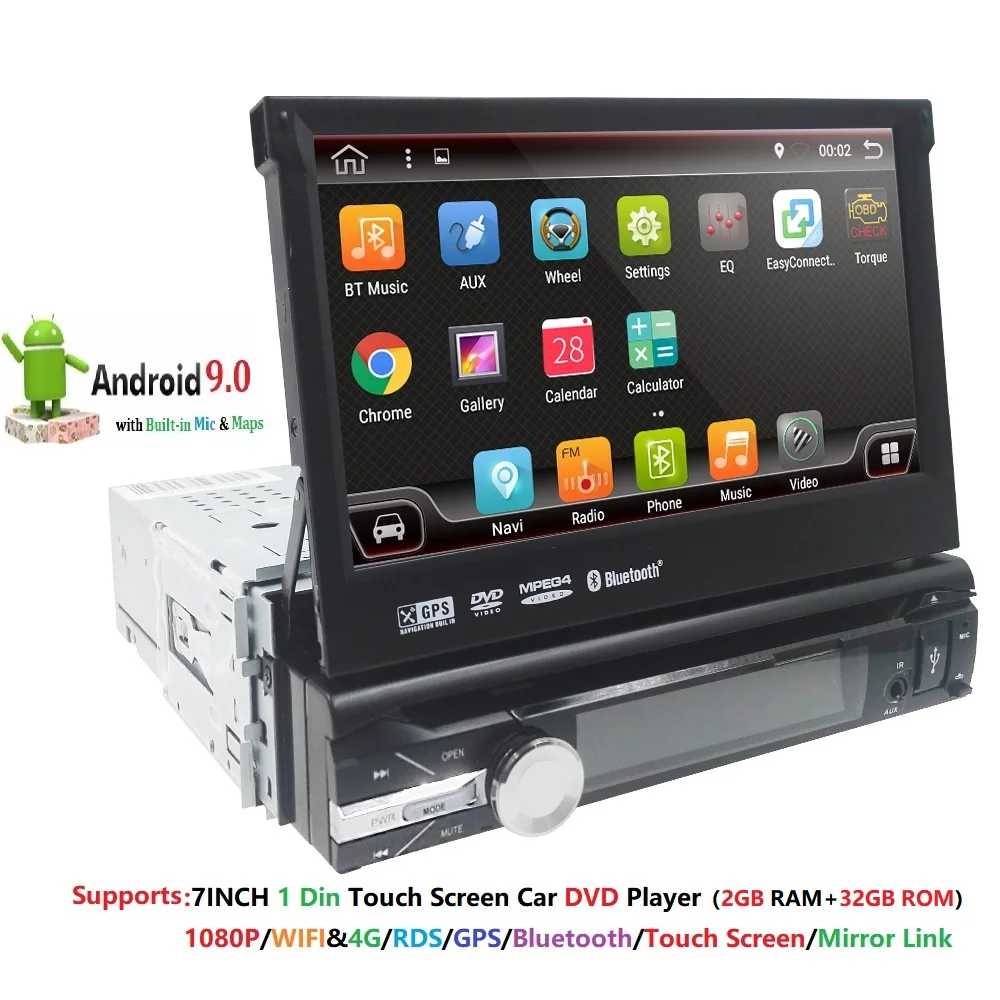 1 din " Универсальный Автомобильный Радио gps навигация Авторадио Видео плеер Bluetooth выдвижной сенсорный экран MP5 стерео аудио android 9