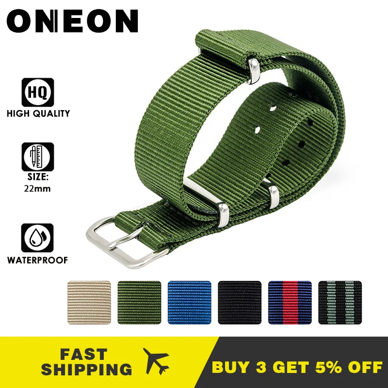 ONEON нейлоновый армейский зеленый ремешок для часов 20 мм 22 военные часы из
