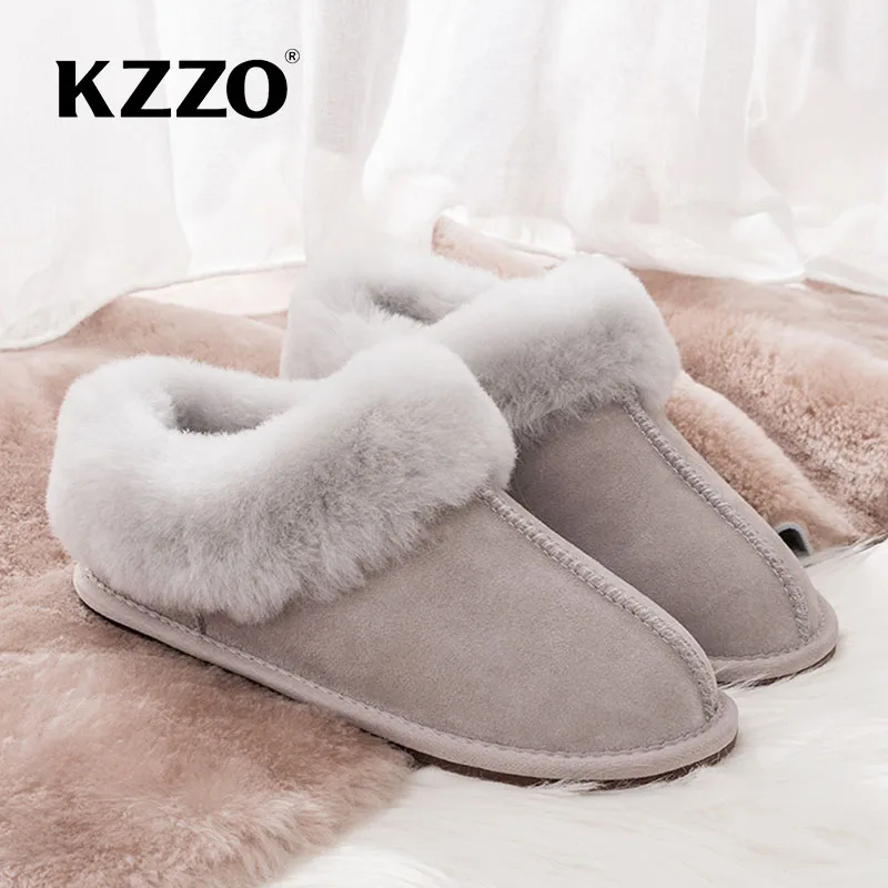 KZZO New Arrive Natural Sheepskin Woman Casual Wool Slippers Winter Warm Sheep Fur Lined Non-slip Home Shoes Indoor Slippers 2