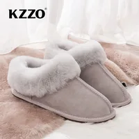 KZZO New Arrive Natural Sheepskin Woman Casual Wool Slippers Winter Warm Sheep Fur Lined Non-slip Home Shoes Indoor Slippers 2