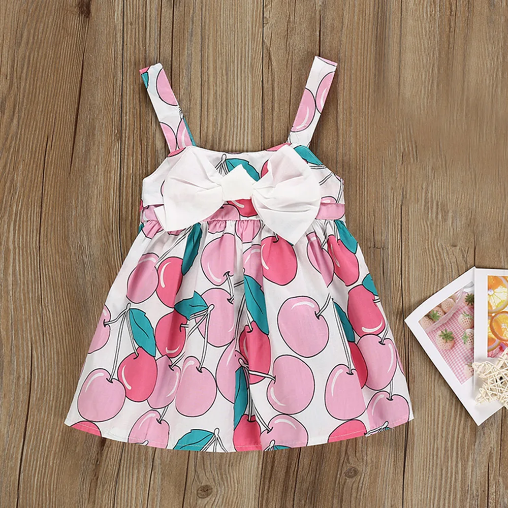 

New Baby Girls Halter Pleated Cotton Dress Cute Summer Sleeveless Princess Dresses with Bow Cotton Baby Cherry Strap Dress