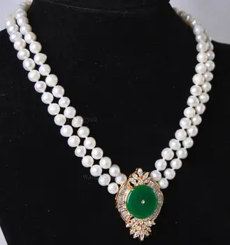 

Fashion jewelry good Beautiful 2Rows White Pearl Green Jade Pendant Necklace