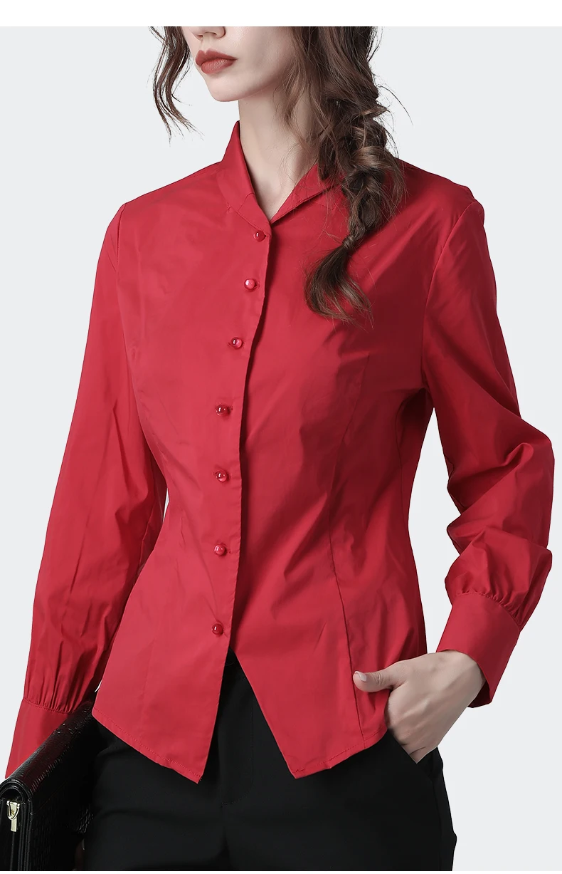Женская Офисная рубашка с длинным рукавом красный хлопковый топ плюс размер свободная пуговица с жемчугом осенние Рубашки элегантное, со стоячим воротником Женская одежда