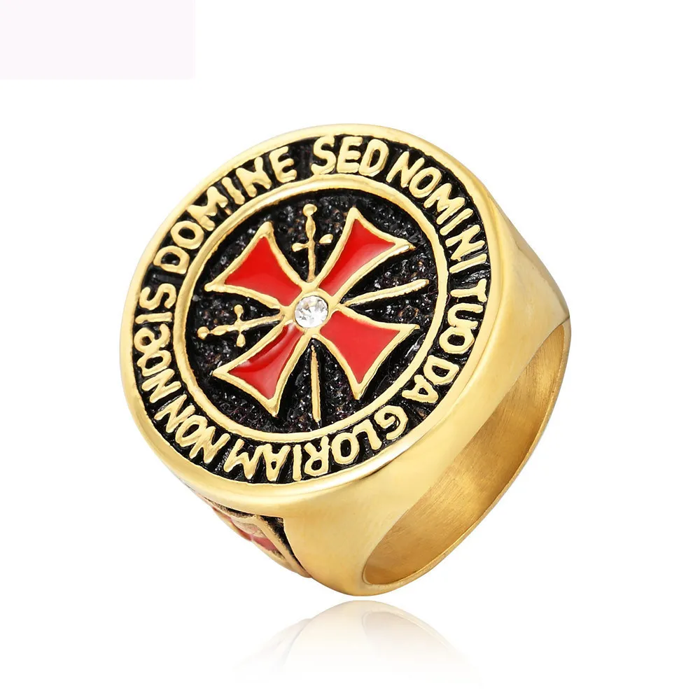 

Luxury Knight Jewelry Red Crucifix Design Titanium Steel Figure Rings Gold Color Ring For Men Free Shipping