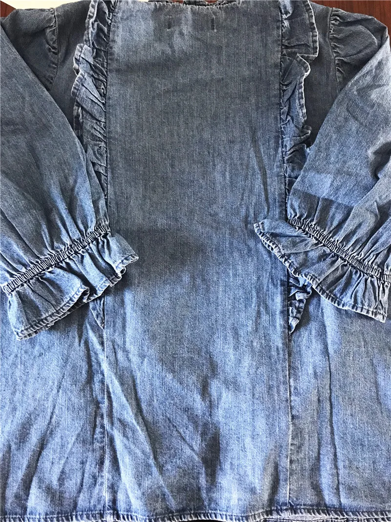 Осенне-зимняя женская джинсовая рубашка, свободная повседневная однотонная блузка с рукавами и оборками, синяя элегантная женская блузка, топ, футболка