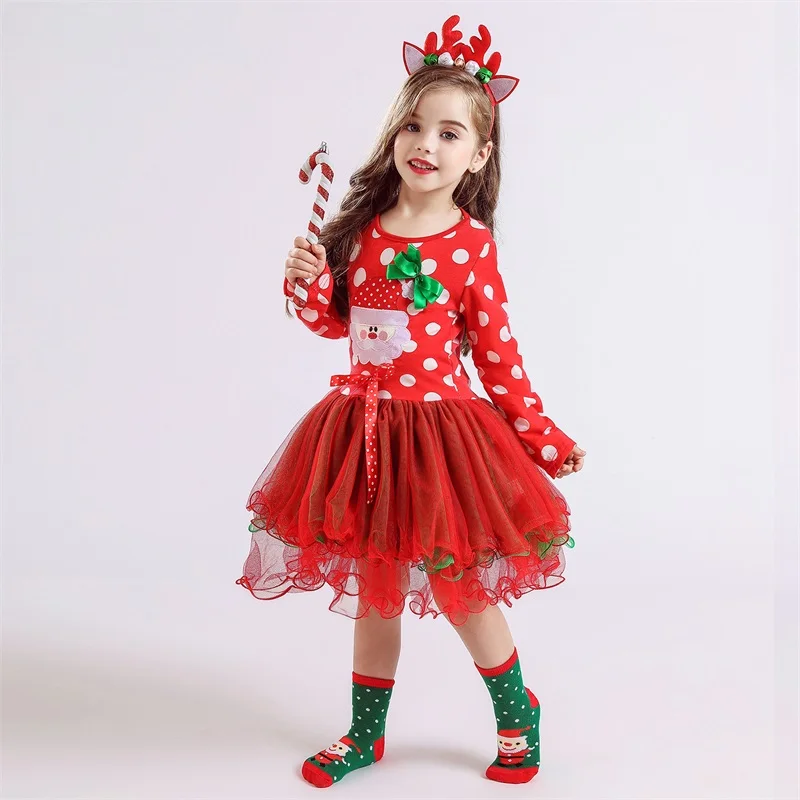 Рождественское платье для девочек; подарок для маленьких детей; красное платье с длинными рукавами и принтом Санта Клауса; Новогодняя праздничная одежда для девочек