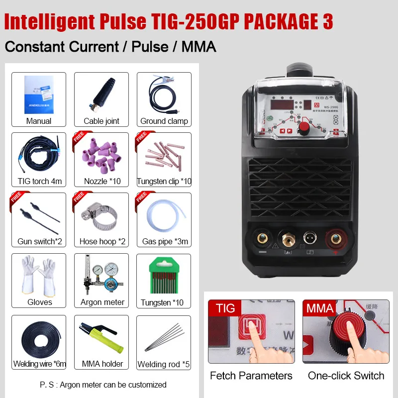 TIG-250GP PACKAGE 3 ANDELI умный портативный однофазный инвертор постоянного тока Импульсная Tig сварка точечная Сварка Tig сварочный аппарат Интеллектуальный Tig сварочный аппарат - Цвет: TIG-250GP PACKAGE 3