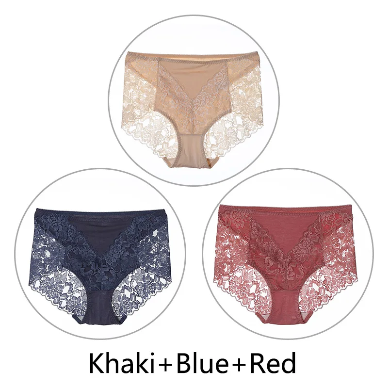 3 шт. модальные сексуальные кружевные трусики женские XL-3XL Большие размеры трусы бесшовные, нижнее белье вышивка дышащее белье средняя талия - Цвет: Khaki Blue Red