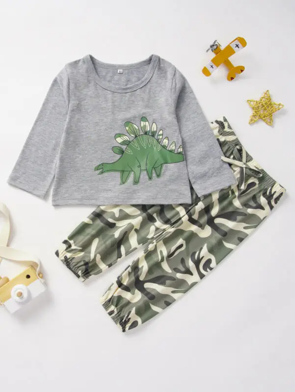 0-3Y Toddler Baby Boy Girl Clothes Sets Long Sleeve Pullover Dinosaur Tops T-Shirt+Camo Pants Outfits Tracksuit