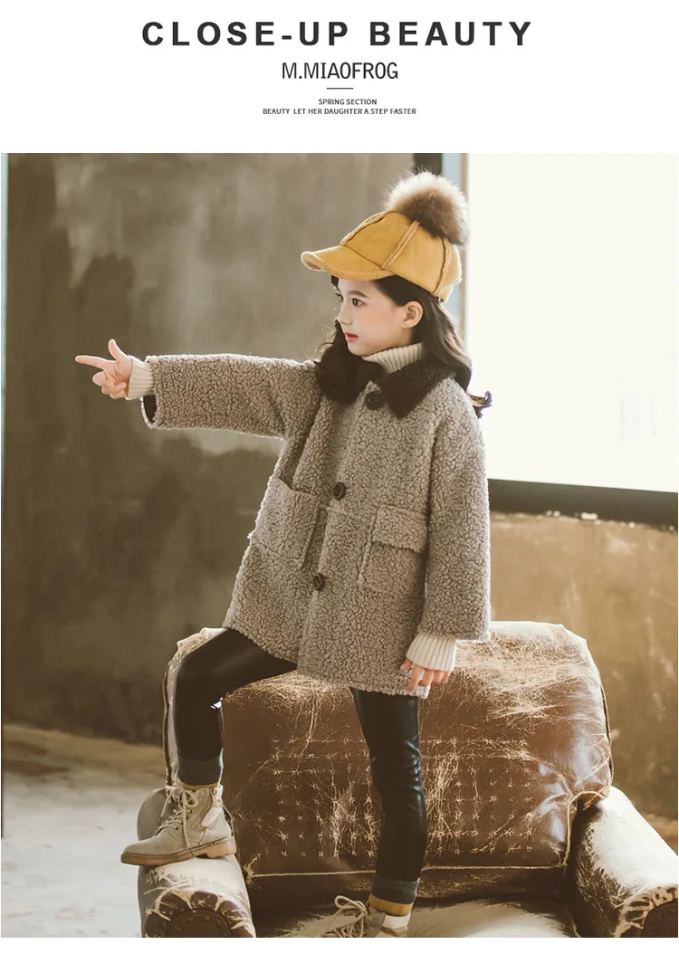New winter England style simple Artificial faux fur with skin turn down collar long section jacket outwear for teenage girls