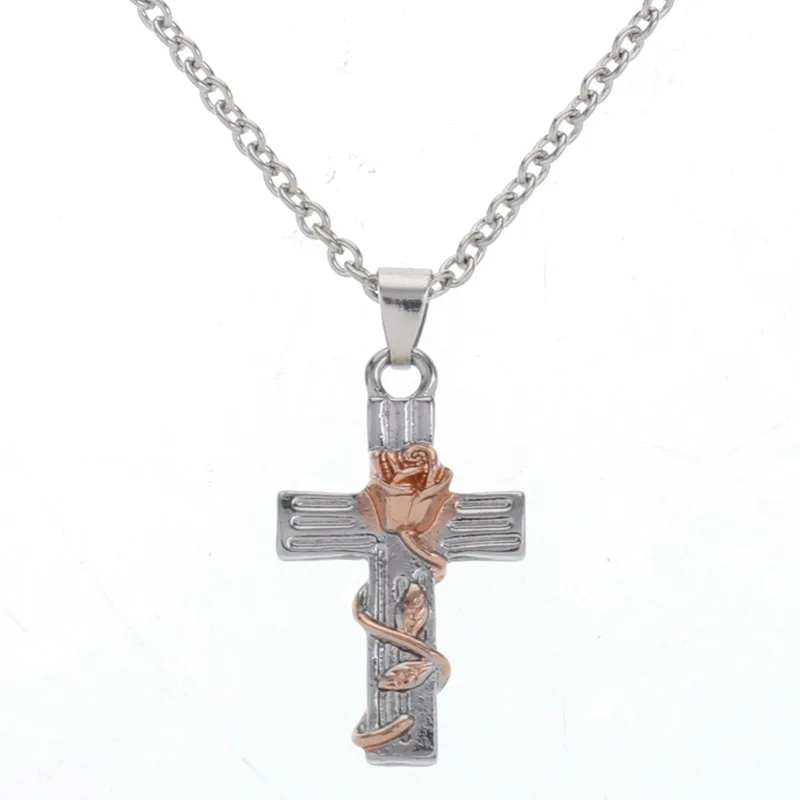 1Pc Rose Gold Flower Cross Necklace For Women Gifts