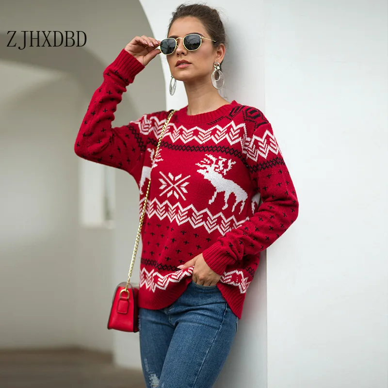

2020 Winter Vintage Merry Christmas Sweaters Women Long Sleeve Autumn Snowflake Deer Print Knitted Female Pullover Chic Jumper