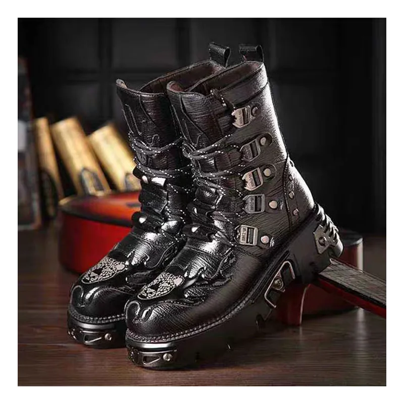 Gothic Punk Men's Leather Boots Motorcycle Boots Platform Rubber Black Warm Mid Calf Tactical Combat Fashion47