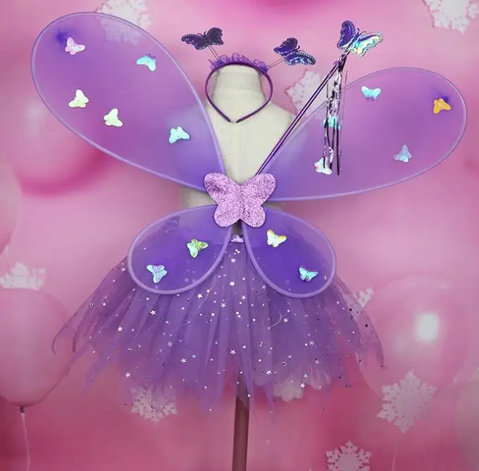 Девушка светодиодный крылья бабочки, комплект withTutu юбка фея с волшебной палочкой и ободком сказочную принцессу светильник вверх Карнавальный костюм для вечеринок Реквизит От 2 до 8 лет - Цвет: Светло-серый