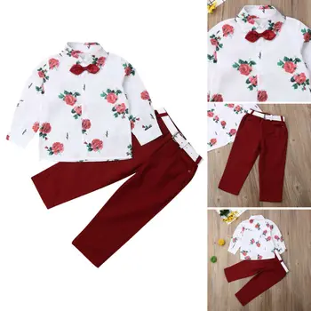 

CANIS Toddler Baby Boy 2019 Autumn Formal Gentleman Suit Flower Printed Bowknot Shirt+Solid Color Long Pants Outfit Clothes