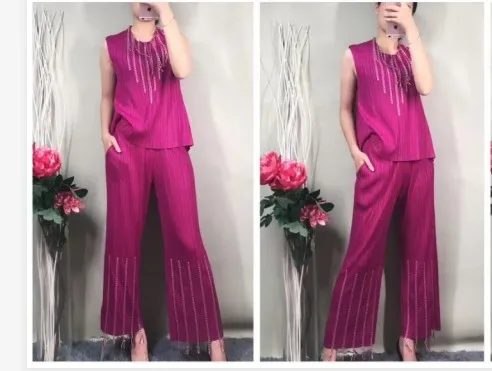 Miyake fold, модные футболки без рукавов с круглым вырезом+ однотонные штаны, костюм из двух предметов с кисточками