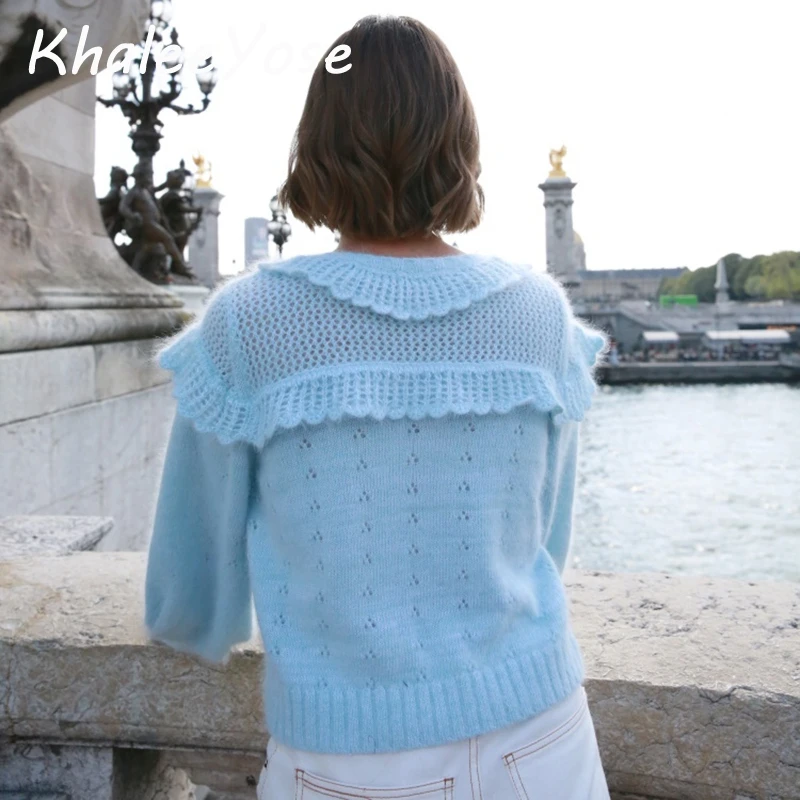 KHALEE YOSE, 20% шерсть, шикарный свитер, кардиган, Hayden, Укороченный кардиган, открытая вязка, оборки, пуговицы, длинный рукав, синий свитер для женщин