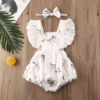 

Newborn Baby Girl Lace Short Sleeve Cartoon Printed Bodysuit Jumpsuit Outfit Clothes