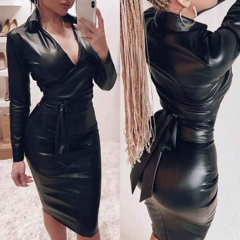 

Autumn Winter Deep V-Neck Long Sleeve Sheath Dress Sexy Ladies Drawstring Waist Dress Women PU Leather Bodycon Dress