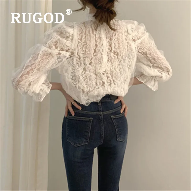 RUGOD корейский стиль, рукав-колокол, половина плеча, кружевной топ, женская одежда, одноцветные элегантные топы, женские повседневные шифоновые блузки