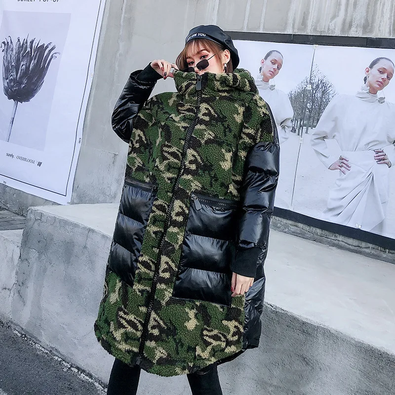 Женская куртка из искусственного меха ягненка, женская зимняя длинная парка с капюшоном, камуфляжная, пэтчворк, толстый теплый мех размера плюс, Женское зимнее длинное пальто