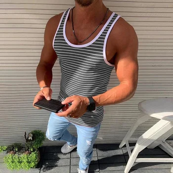 Men Vests Summer Sleeveless Shirts Gym Clothing Men Stripped Sports Casual Fitness Tanks Slim Fit Mens Bodybuilding Tank Tops 3