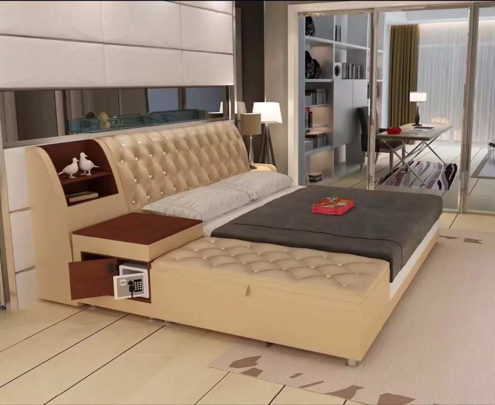 post modern real genuine leather bed / soft bed/double bed king/queen size bedroom home furniture with storage box and sideboard