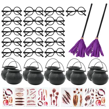 

Behogar 37PCS Halloween Wizard Cosplay Party Favors Supplies with Candy Kettles Stickers No Lens Glasses Broom for Kids Children