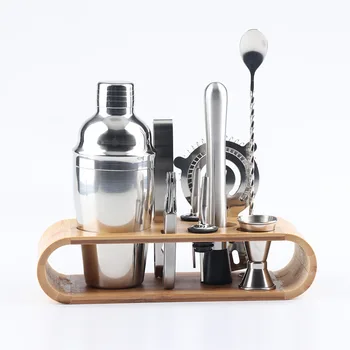 

Stainless steel cocktail bartender oval bamboo base set shaker tool 10 sets of bartender tools