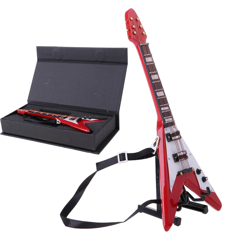 1/6 Scale Miniature Musical Instrument Model Come With Stand & PU Box for Action Figures Dolls Accessory-Wooden V Guitar Model