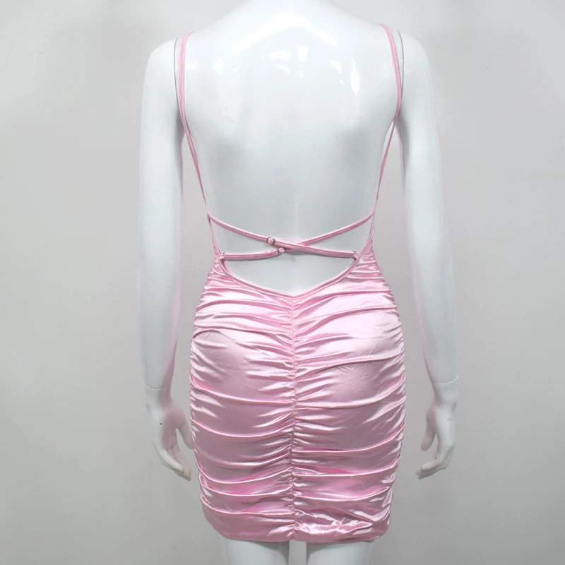 NewAsia Garden Backless Sexy Dress Women Summer Spaghetti Straps Slash Neck Bodyocn Dress Pink Ruched Dress Short Ropa Mujer