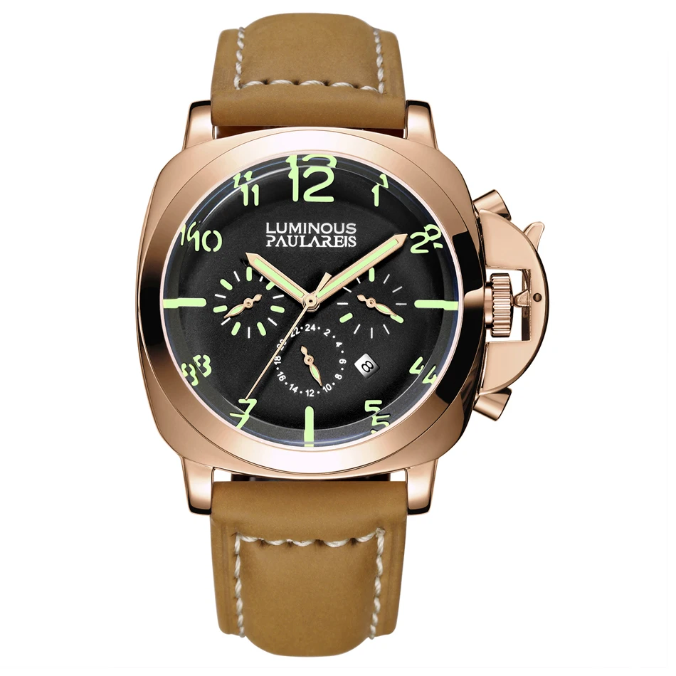 Automatic Self Wind Mechanical Genuine Brown Leather Strap Multifunction Date Month Yellow Green Luminous Rose Gold Men Watch - Цвет: Gold Green