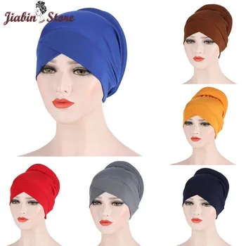 

Solid color forehead cross Inner hijabs cap for women wrap head scarf turban caps femme musulman ready to wear hijab bonnet