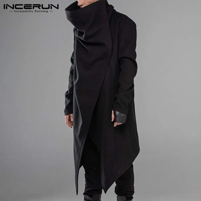 INCERUN, Мужской плащ, пальто, водолазка, однотонный, длинный рукав, уличная одежда, повседневная мужская накидка, верхняя одежда, панк стиль, неровный подол, куртки, S-5XL