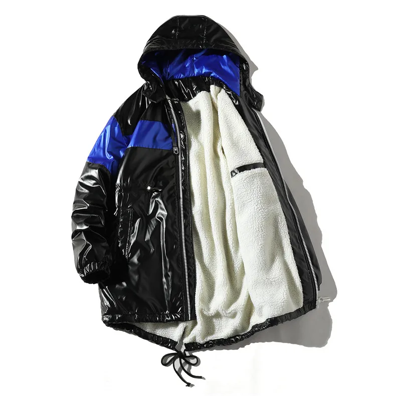 Una Reta Winter Jacket Men New Casual Patchwork Glossy Leather Parka Coat Hip Hop Men Clothes Warm Lambswool Jackets For Men