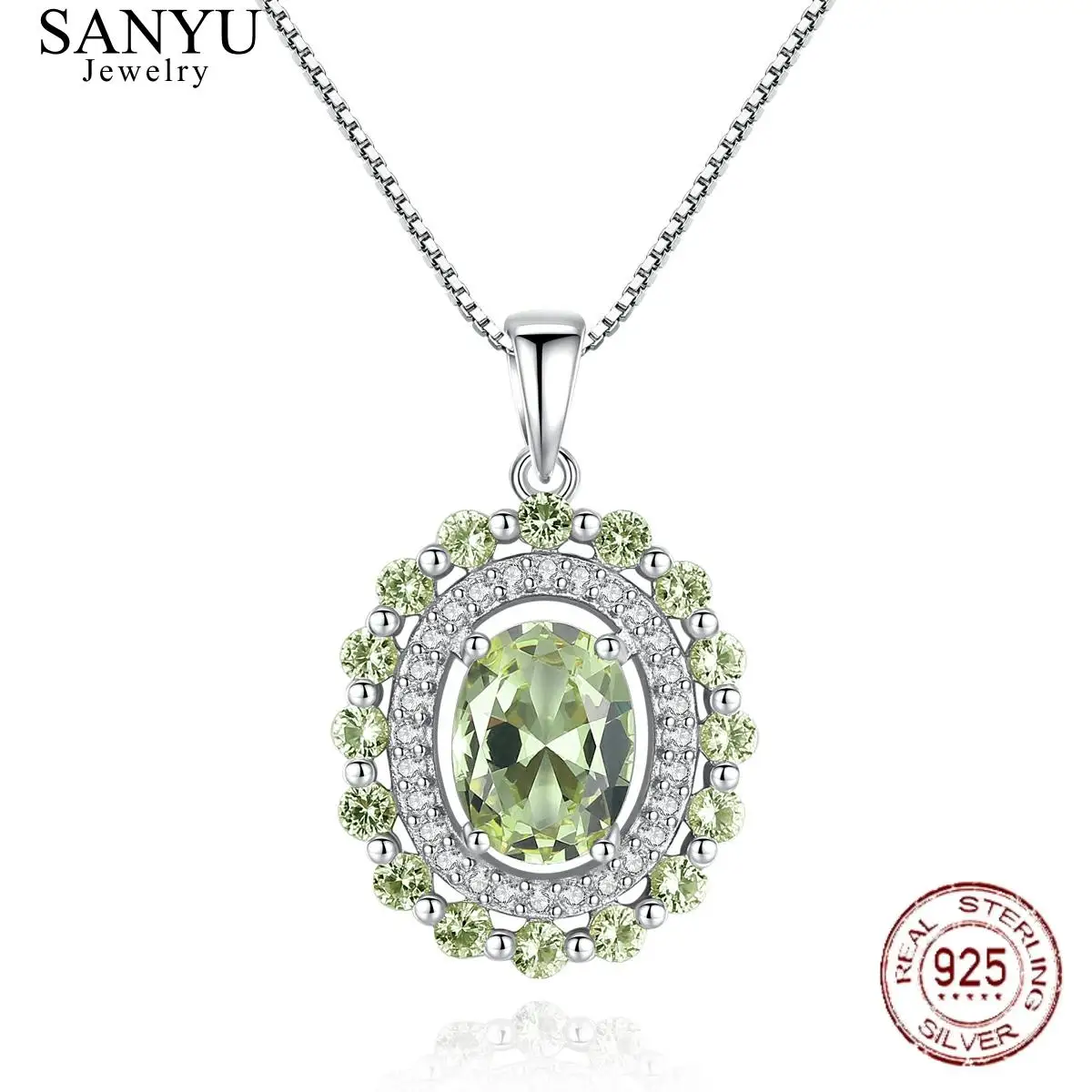 

SANYU Brand Oval Shape Olive Green Topaz Gemstone Pendant Necklace For Women 925 Sterling Silver Fine Jewelry Gift Collier femme